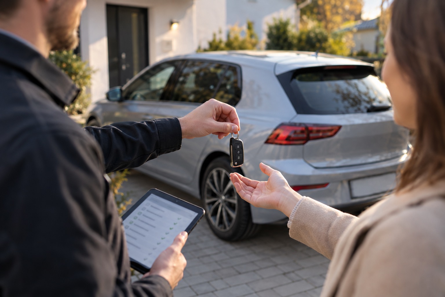 Fahrer übergibt Schlüssel, in der Hand ein Tablet mit Übergabeprotokoll